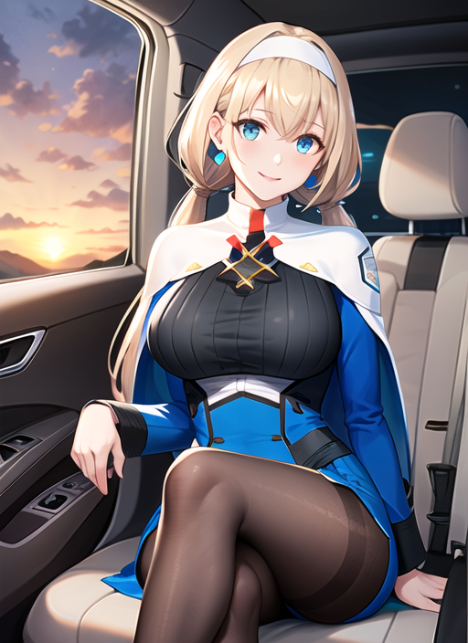 00133-583191979-side slit, (grey pantyhose_1.1), smile, car interior, sunset, sitting, crossed legs,, masterpiece, best quality, highres, 1girl,.png